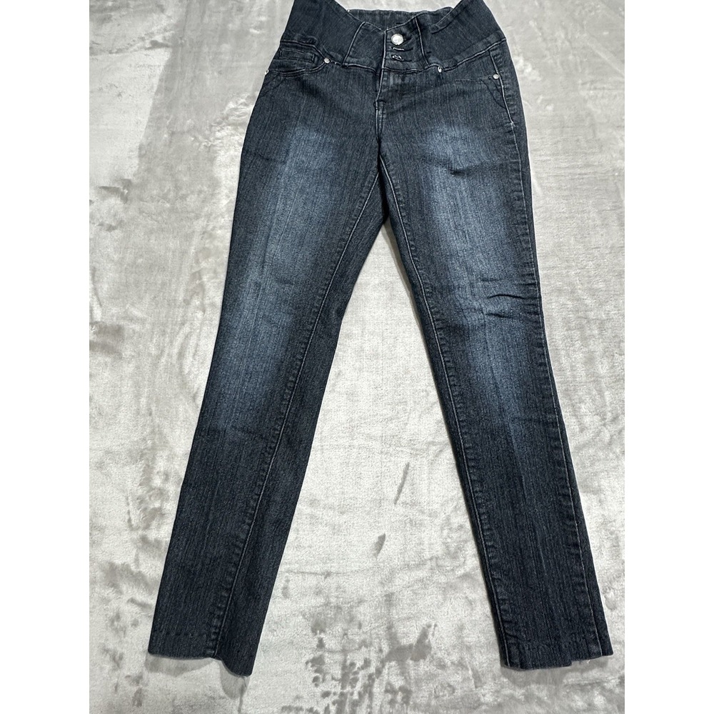 LA Bonita Blue Jeans Women's Dark Wash Junior's Size 3 Beaded 3 Button Front EUC